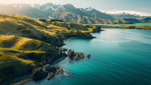 Vista aérea de la costa de Nueva Zelanda con colinas verdes y montañas nevadas al fondo
