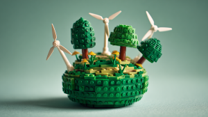LEGO bricks forming a planet with green cities, symbolising sustainability in Denmark