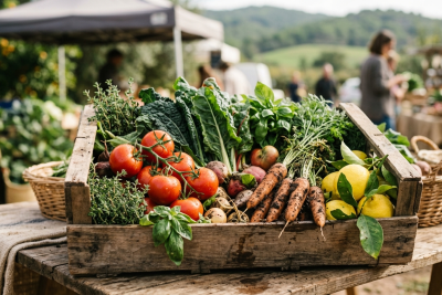Organic food impact: fresh fruit and vegetables at a market