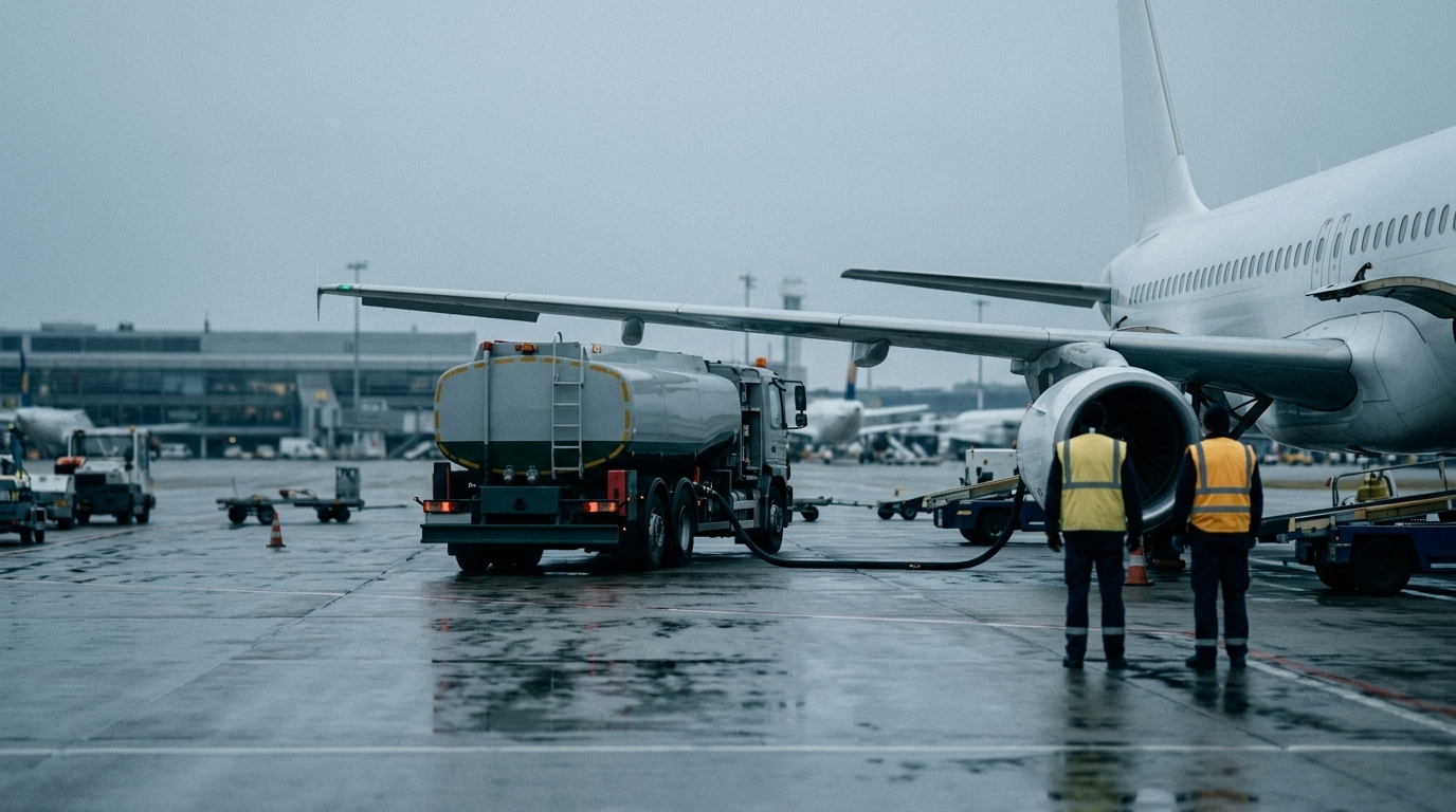 Las empresas más sostenibles del mundo 2026: qué mide de verdad el ranking de TIME (y qué no dice de tu viaje) Camión cisterna repostando un avión en la pista de un aeropuerto, combustible sostenible de aviación y normativa ReFuelEU