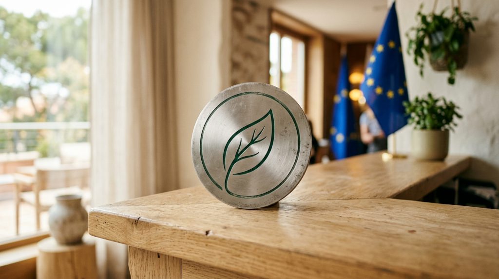 Cuenta atrás: la directiva antigreenwashing le pone fecha límite al «turismo verde» de mentira Sello metálico de certificación de sostenibilidad turística con una hoja verde, sobre el mostrador de un hotel, con la bandera de la Unión Europea desenfocada de fondo