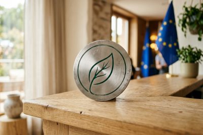 Metal sustainability certification seal with a green leaf on a hotel front desk, with the EU flag blurred in the background