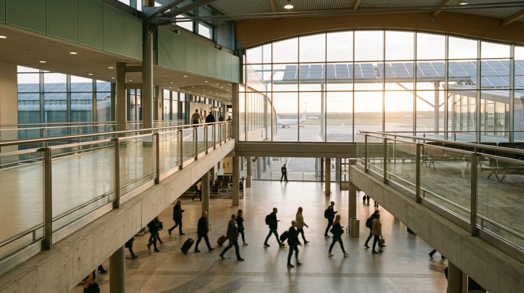 The most sustainable companies 2026: what TIME's ranking actually measures (and what it says about your trip) Terminal de aeropuerto europeo con paneles solares en la cubierta, sostenibilidad en el sector turístico
